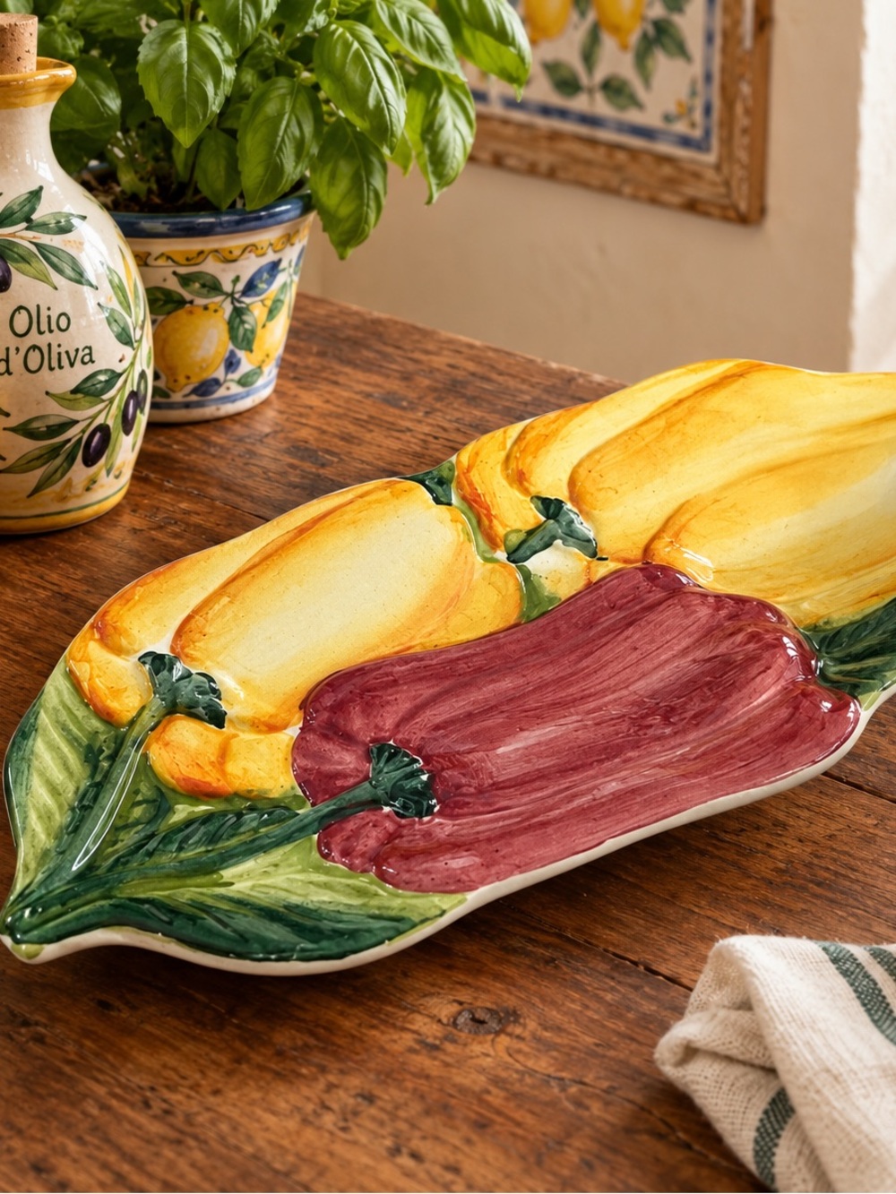 Vintage Italian Majolica Peppers Serving Dish – Hand Painted -Made in Italy